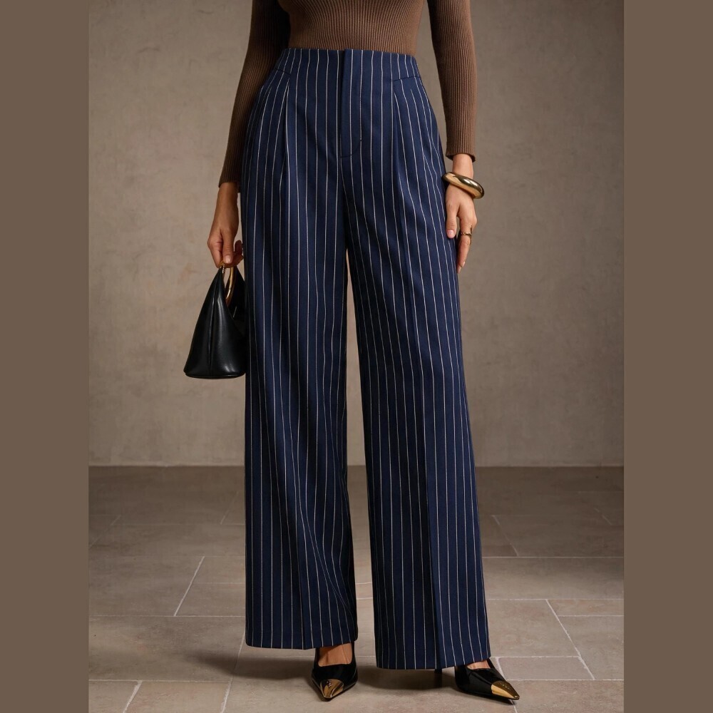 Navy / White Pinstripe High Waist Pleated Wide Leg Trousers